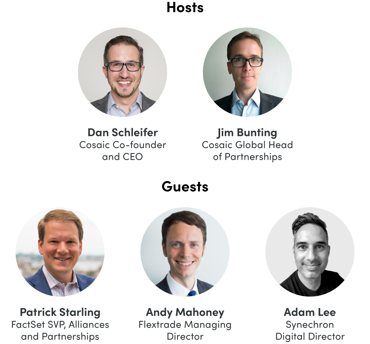 Hosts: Dan Schleifer, CEO and Co-Founder, Cosaic Jim Bunting, Global Head of Partnerships, Cosaic Guests: Patrick Starling, SVP, Alliances and Partnerships, FactSet Andy Mahoney, Managing Director, Flextrade Adam Lee, Director of Experience Design at Synechron 